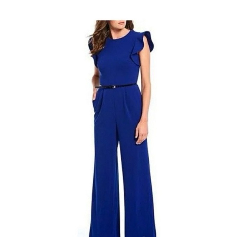 NWOT Bloomingdale’s Calvin Klein Royal Blue Modern Ruffle Sleeve Jumpsuit - Picture 2 of 9